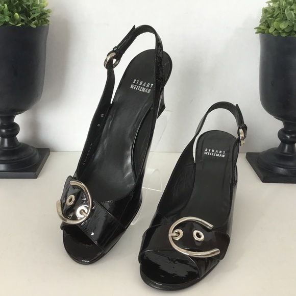 Stuart Weitzman Black Patent Peep Toe Wedges, 8M - Picture 1 of 8